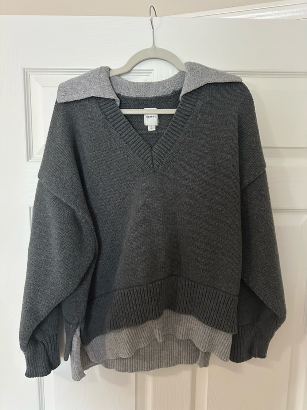 Maeve Two-Tone Charcoal Gray V-Neck Sweater